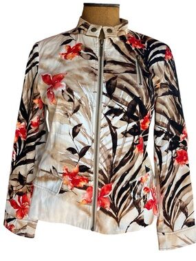 Chico's Beige Jacket with Red Floral Print Bomber